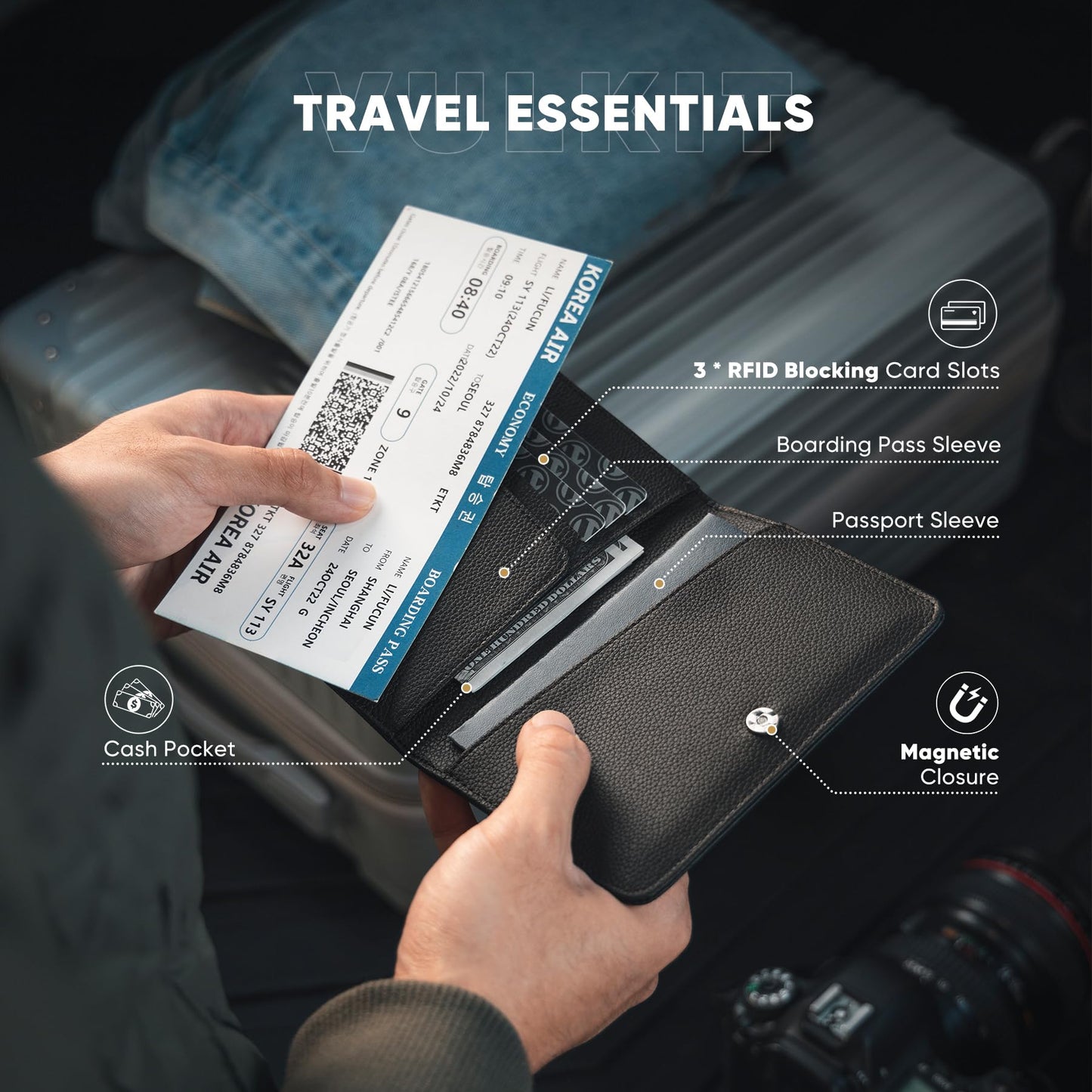 VULKIT Passport Holder Magnetic Closure RFID Blocking Travel Wallet Passport Book Cover Boarding Pass Holder Travel Essentials