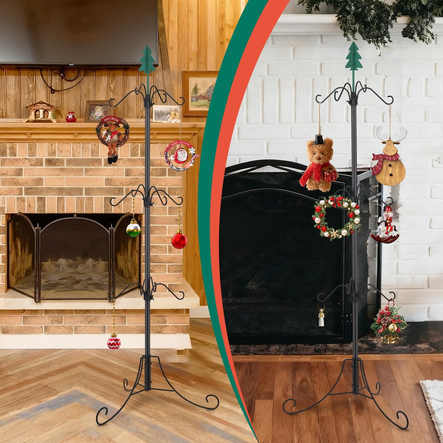 Bvomheez Christmas Stocking Holder Stand, Freestanding Max 62" Height Stand with 12 Hooks, Height Adjustable Metal Hanger with Green Iron Christmas Tree Top, for Christmas Holiday Decoration