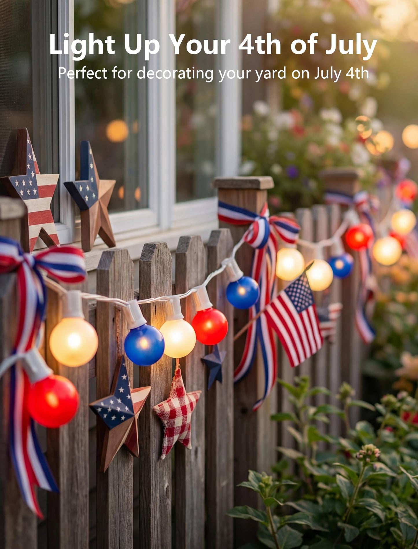 SUNSGNE Red White Blue 4th of July Patriotic Decorative Lights 50FT Outdoor String Lights with 27 G40 LED Bulbs(2 Spare) for Outdoor Indoor Holiday, Party, Independence Day Decor