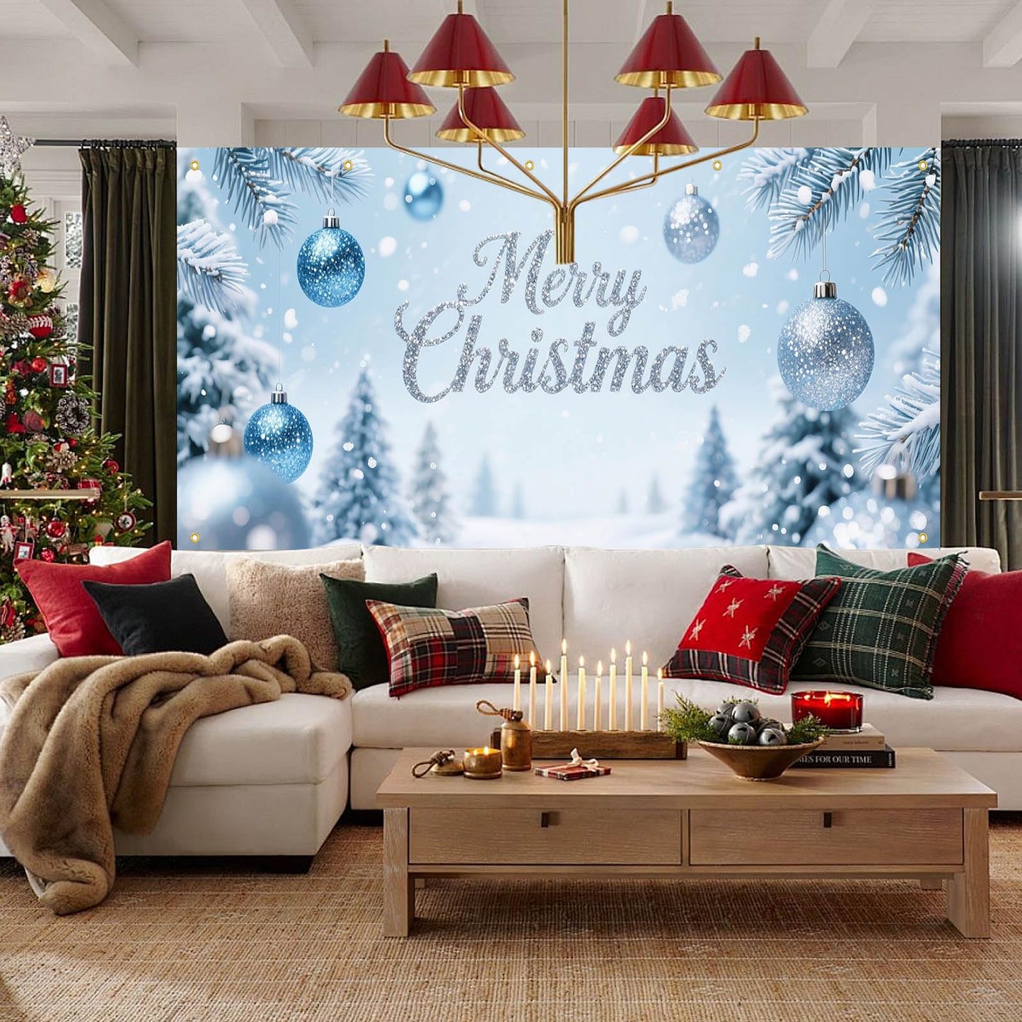HOMETITUTE Merry Christmas Garage Door Banner 13x6ft Ornaments Snow Trees Theme Backdrop Outdoor Garage Door Cover Winter Scene Display Holiday Yard Decorations for Party Garage Wall Covering