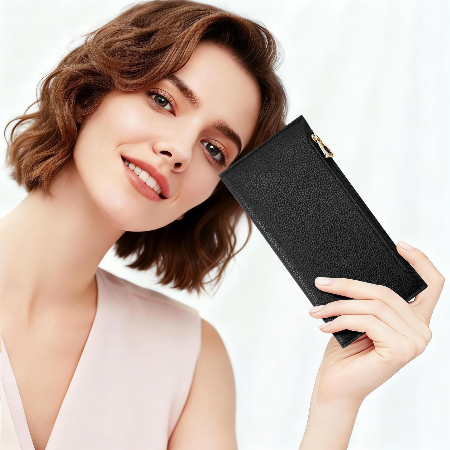 Tipmile Slim Wallet for Women, RFID Blocking Credit Card Holder, Ladies Bifold Wallet with Zipper, Black