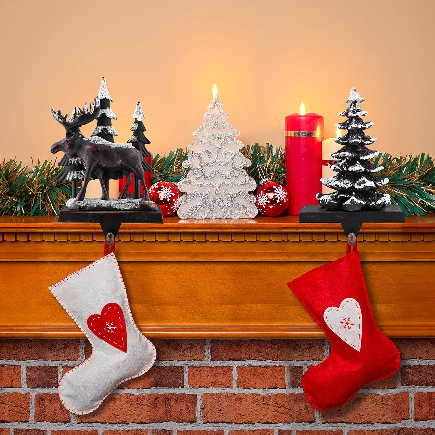 MCEAST 2 Pack Christmas Stocking Holders Reindeer and Christmas Tree with Snowflake Xmas Stocking Hangers Clips Mantle Hooks for Christmas Decoration