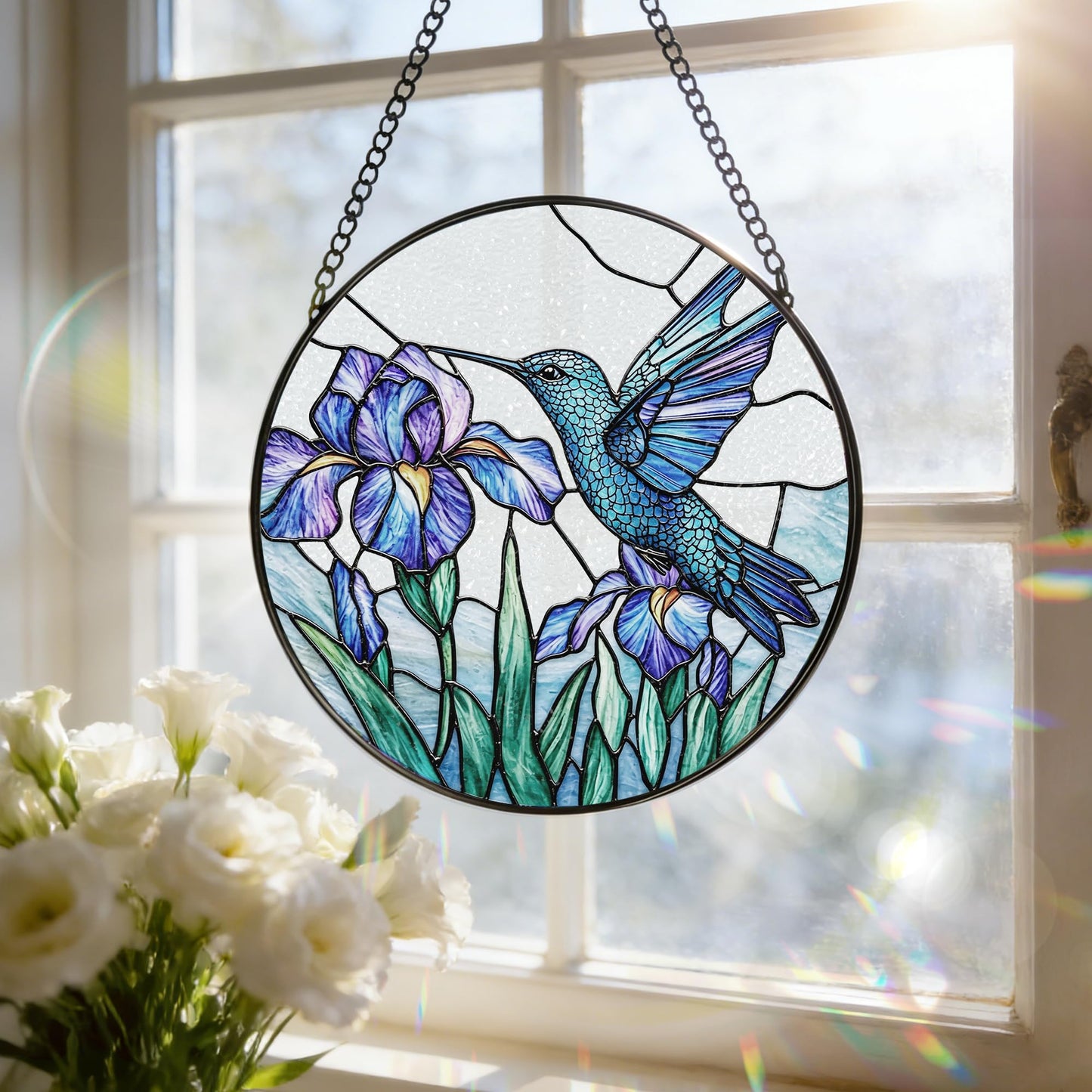 Stained Glass Window Hanging, 7.8 Inch Hummingbird and Iris Flower Stained Glass Suncatcher Ornament, Sun Catchers Indoor Window Decor, Nature Lover Gift, Gifts for Women: Wife, Mom & Grandma