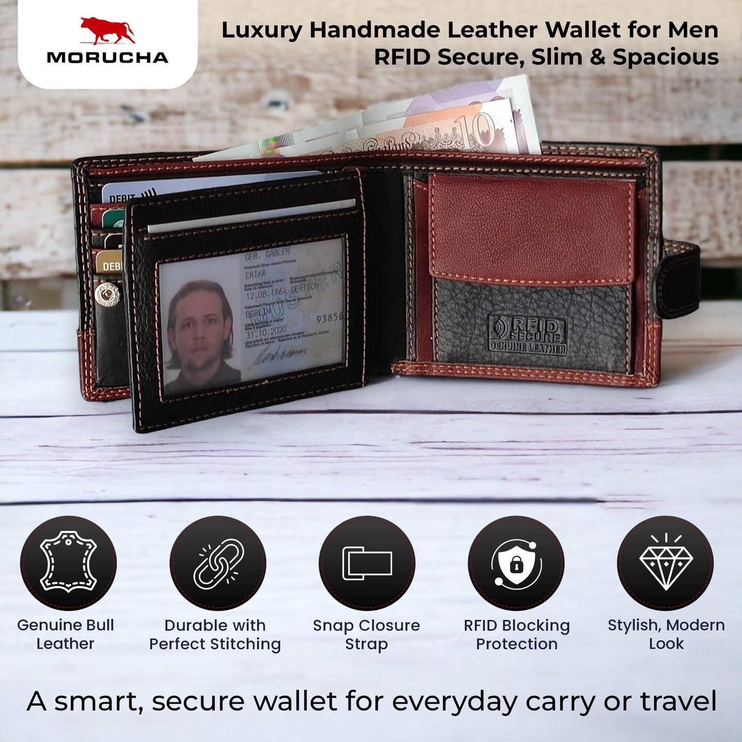MORUCHA RFID Blocking Genuine Leather Wallet for Men – Slim Bifold Bull Leather Wallet with Coin Pocket, ID Window, 8 Card Slots – Premium Black/Brown Luxury Gift Box (Model #M75)