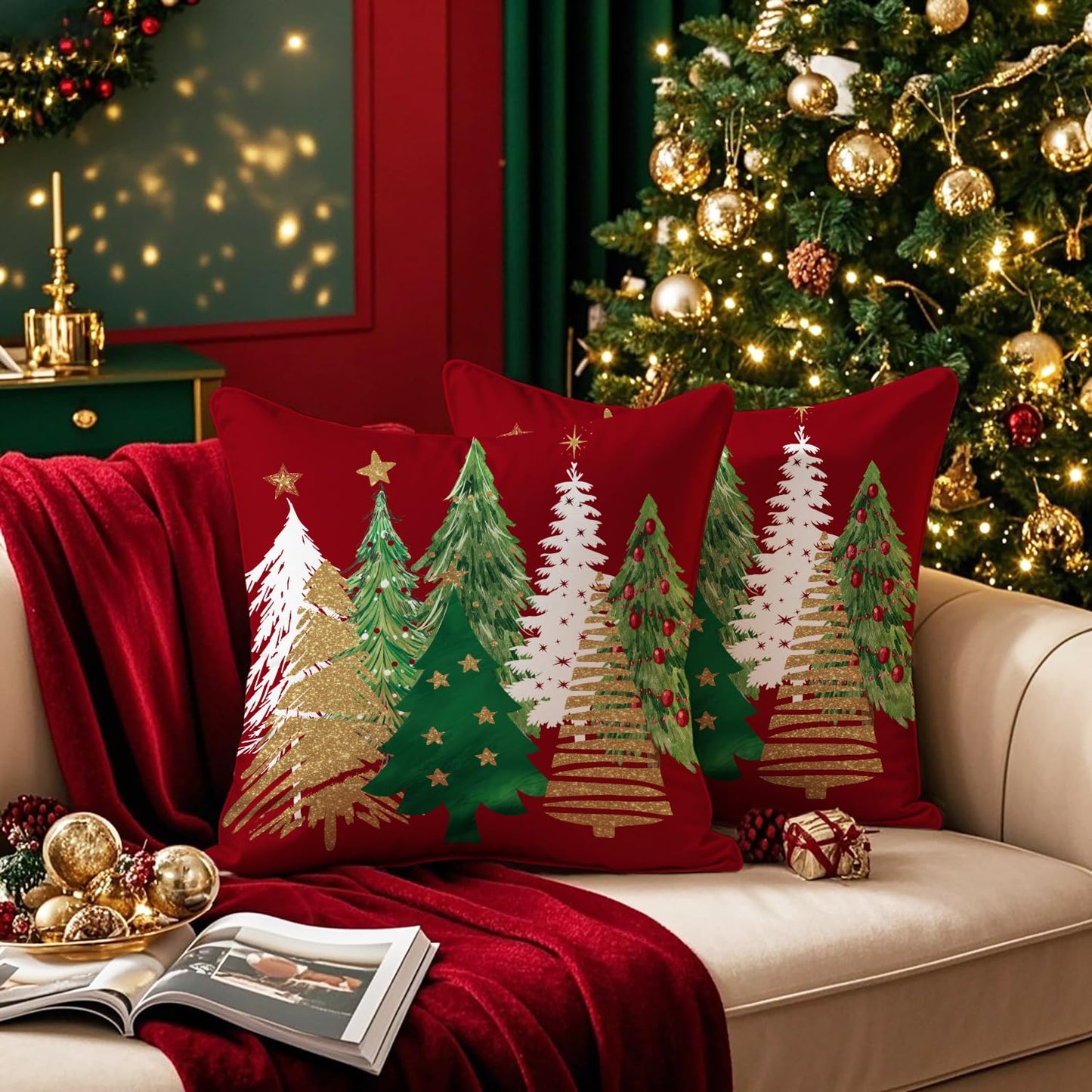 Artmag Christmas Tree Pillow Covers 24x24 Inch Set of 2, Decorative Farmhouse Red Pillow Shams Cases Slipcovers for Home Couch Sofa Decorations