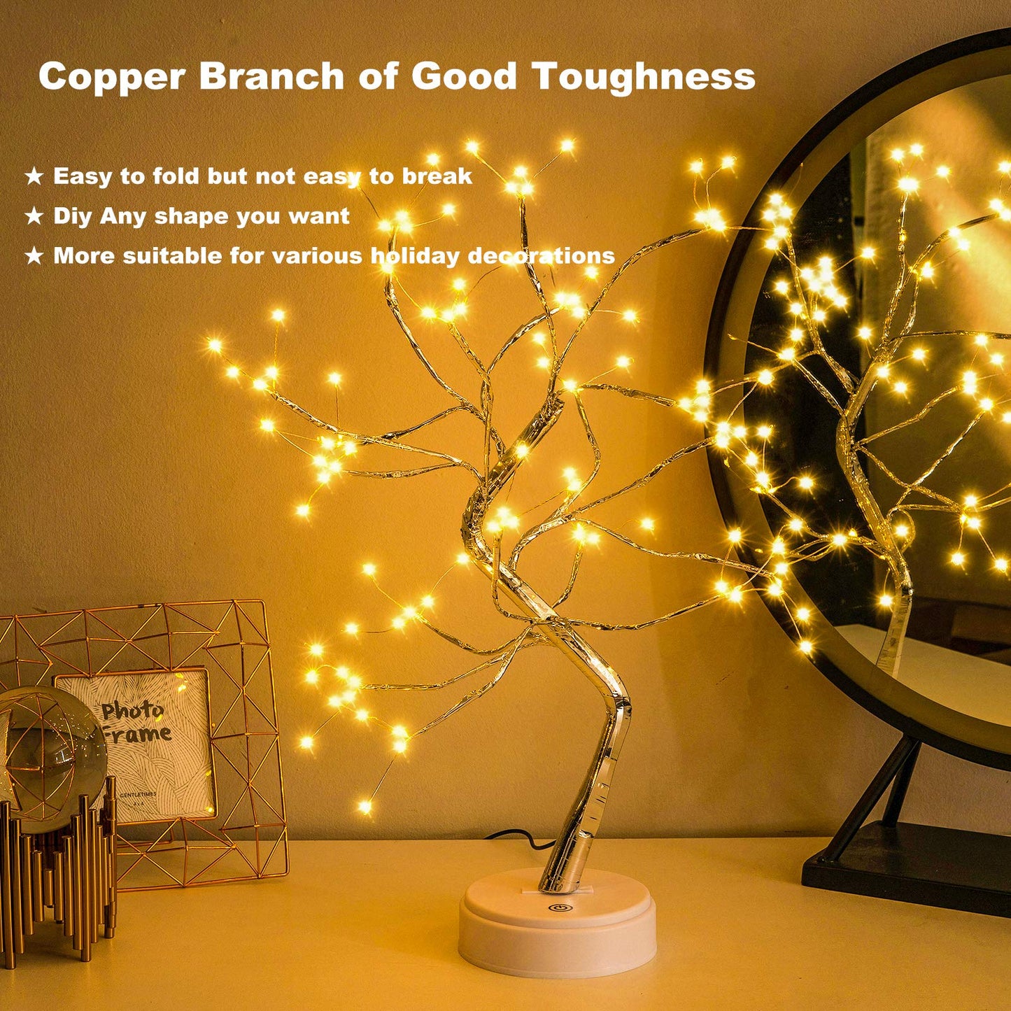 OURBAOFU 20” 108LED Fairy Sparkly Tree Lamp with Remote Control, USB&3AA Powered 8 Modes, DIY Bonsai Artificial Tree Lights, Fairy Spirit Tree Light for Bedrooms Desktop Christmas (Warm White)