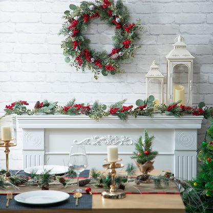 LOHASBEE Artificial Christmas Garland, 5 Feet Pine Cone Eucalyptus Garland with Red Berries, Bells & Greenery Glitter for Christmas Indoor Outdoor Garden Gate Front Door Home Wall Window Stair Decor