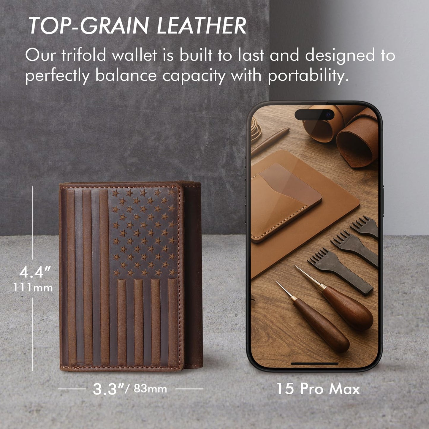Pefiam Trifold Leather Wallet for Men RFID Blocking – Mens Trifold Wallet Leather with 12 Card Slots, Gift for Men, American Flag Wallet Dark Brown