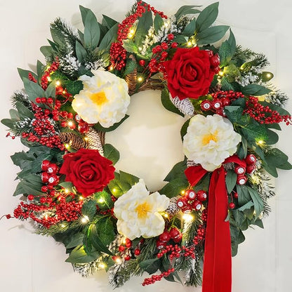 Prelit Christmas Wreaths for Front Door 24 Inch Holiday Wreath with Red Roses, White Peonies, Red Berries, Greenery & Velvet Bow Christmas Door Wreath Indoor Outdoor