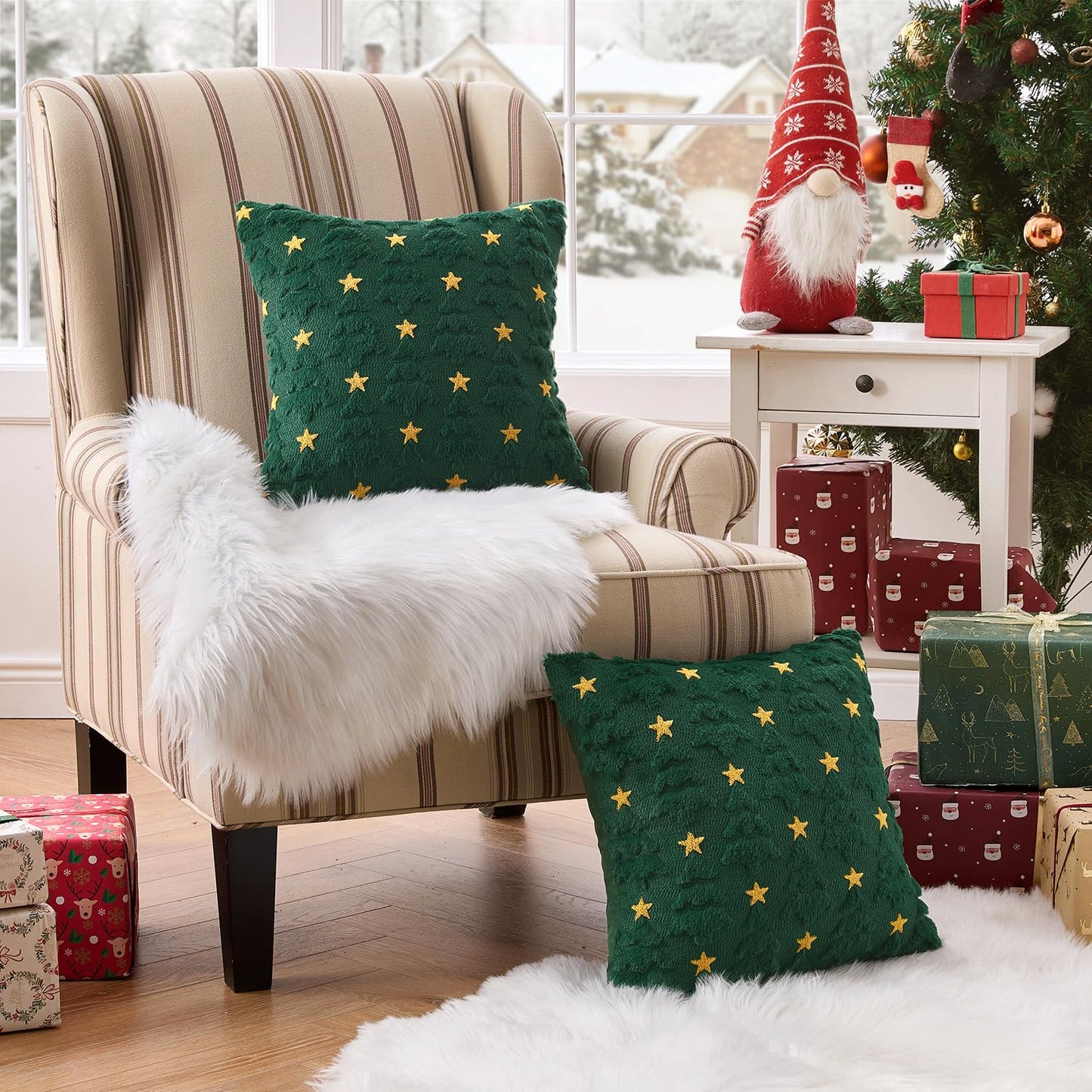 MIULEE Christmas Pillow Covers 18x18 Inch Set of 2, Dark Green Christmas Tree Plush Faux Fur Pillowcases Soft Decorative Throw Pillow Cases for Couch Sofa Living Room Winter Xmas Holiday Home Decor