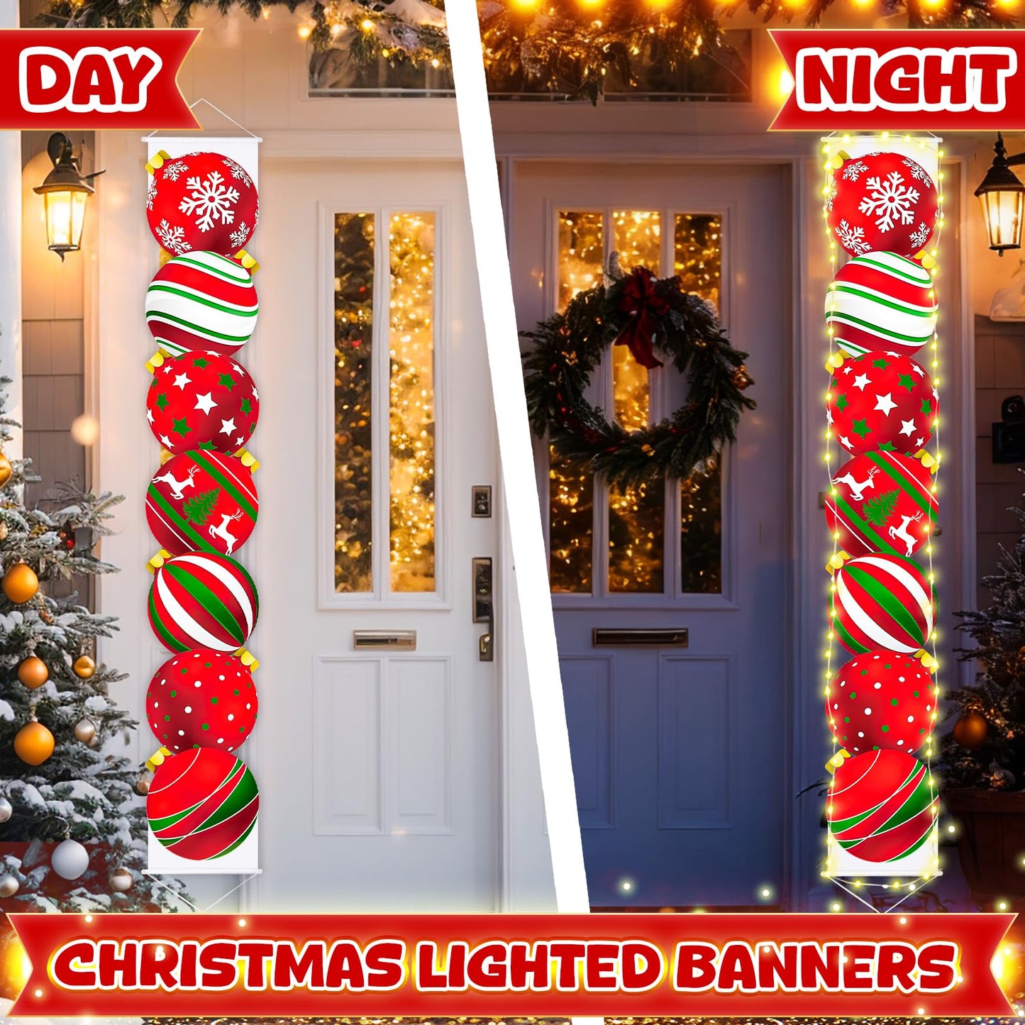 Suncalla 70 x 12 Inches Merry Christmas Lighted Banner Xmas Hanging Doorway Porch Sign LED Banner Outdoor Holiday Party Decor Supplies for Yard Front Door Wall, Batteries Not Included(Christmas Ball)