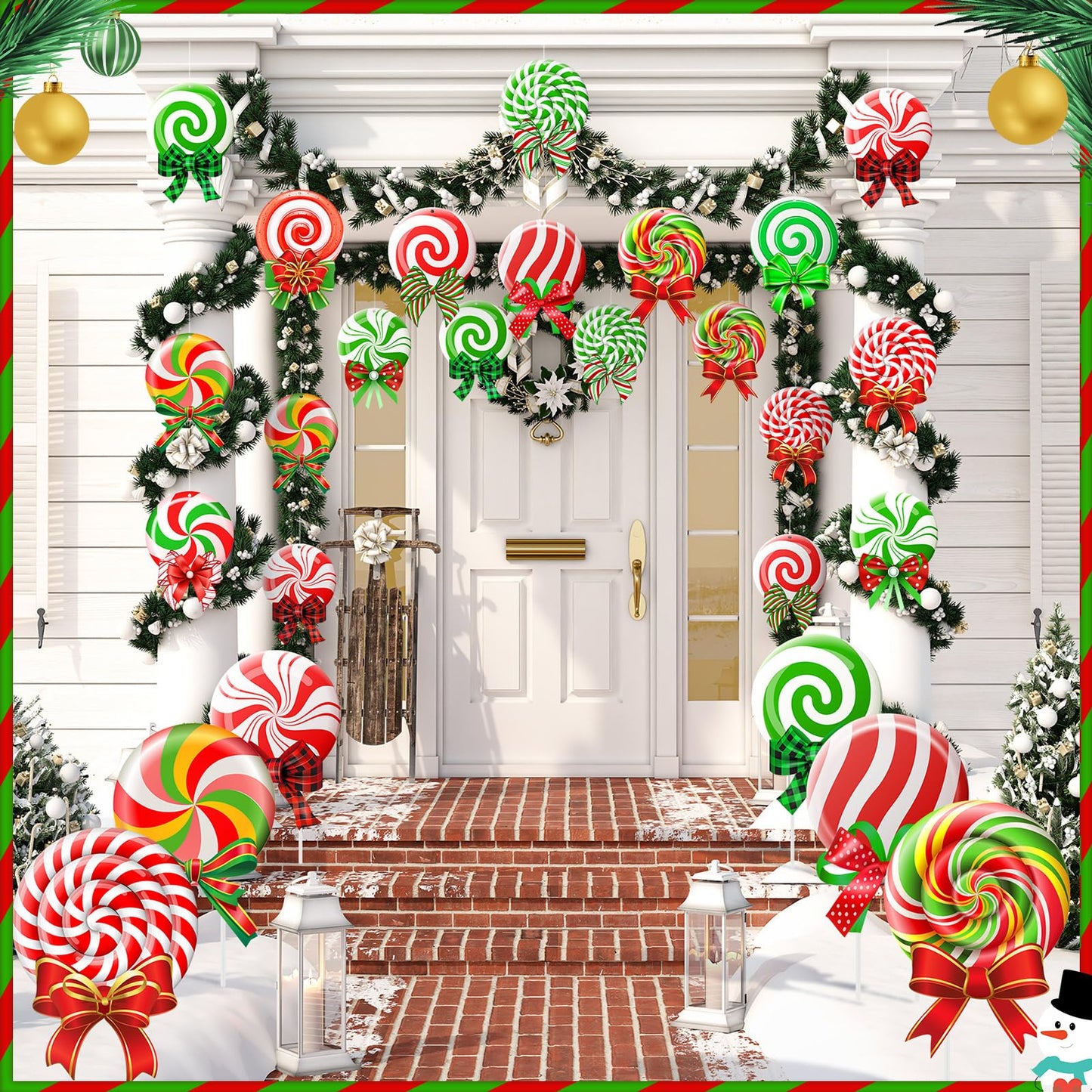 Huwena 30 Pcs Christmas Outdoor Hanging Decorations Snowflakes Candy Yard Signs Include 6 Plastic Yard Stakes 24 Double Sided Ornaments for Christmas Winter Holiday Garden Tree Decor(Candy Cane)