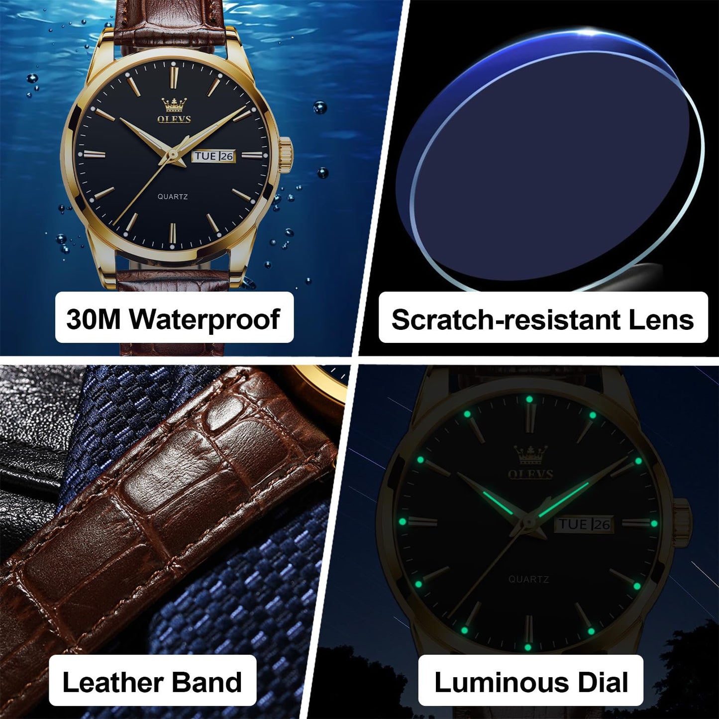QBAIZI Mens Gold Watches Brown Leather Band Analog Dress Wristwatch for Men Black Face Luxury Male Watch with Day Date Easy to Read Vintage Men's Wrist Watches Waterproof Luminous Reloj para Hombre