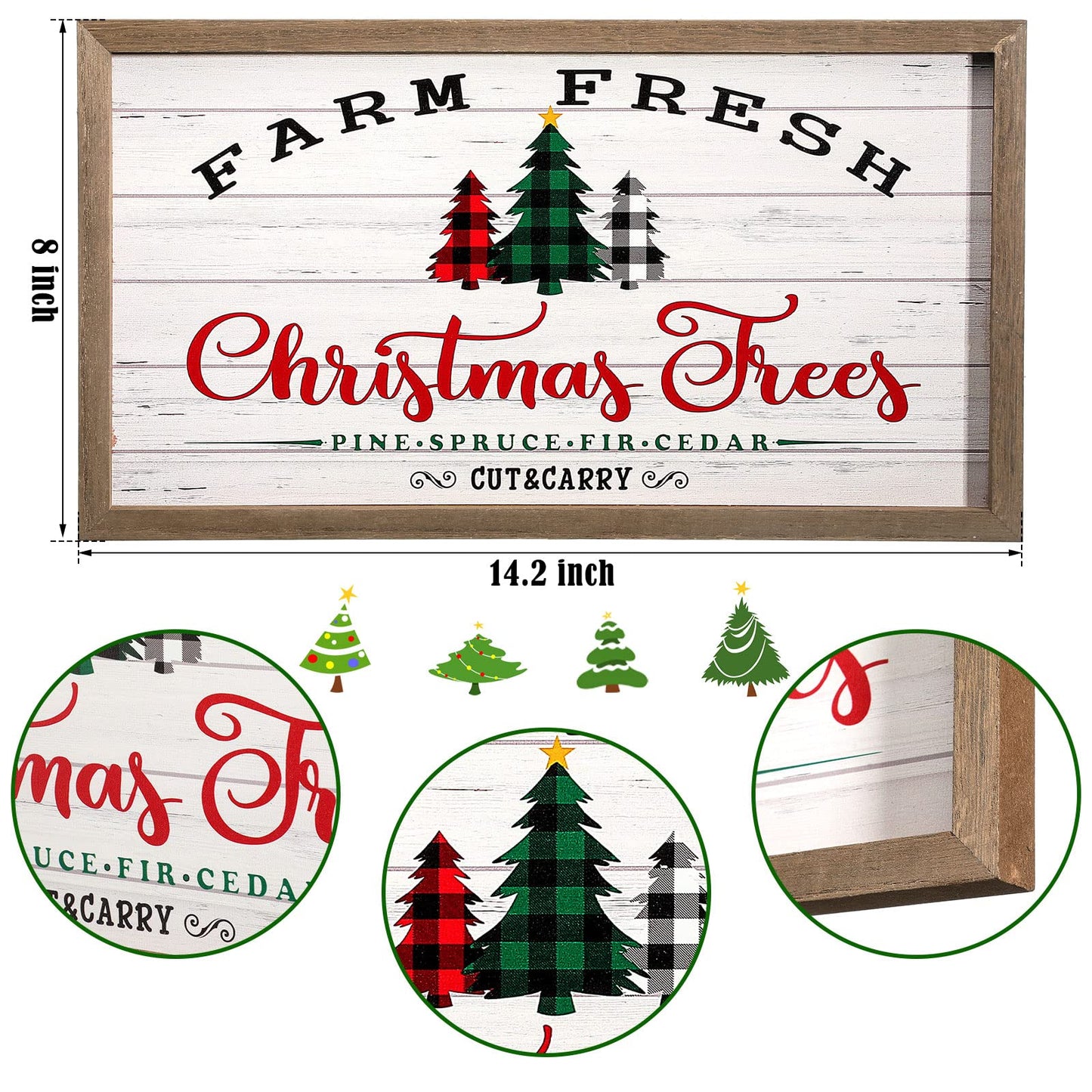 Christmas Signs Farm Fresh Christmas Trees Wood Sign Rustic Farmhouse Holiday Decor with Wooden Frame Buffalo Plaid Xmas Winter Hanging Wall Decor for Home Party Living Room Fireplaces Table Decor