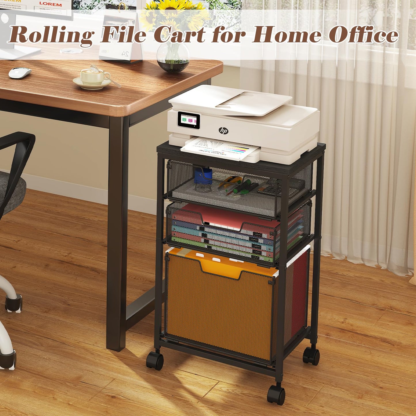 Sbanmao Rolling File Cart with 3 Drawers, Filing Cabinet, Hanging Folder Holder Organizer with Wheels, Under Desk Storage Utility Cart, File Cabinet Printer Stand for Home Office, Black