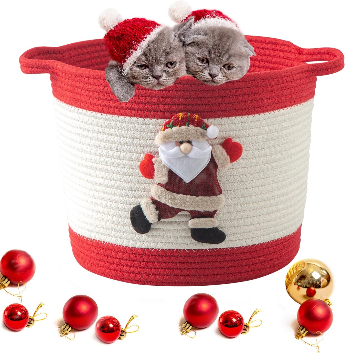 HomeyPine Christmas Basket with Santa Claus Doll, Woven Cotton Rope Christmas Storage Basket with Handles, Christmas Toy Baskets for Baby Towels, Diapers, Pet Toy Storage Basket, Red