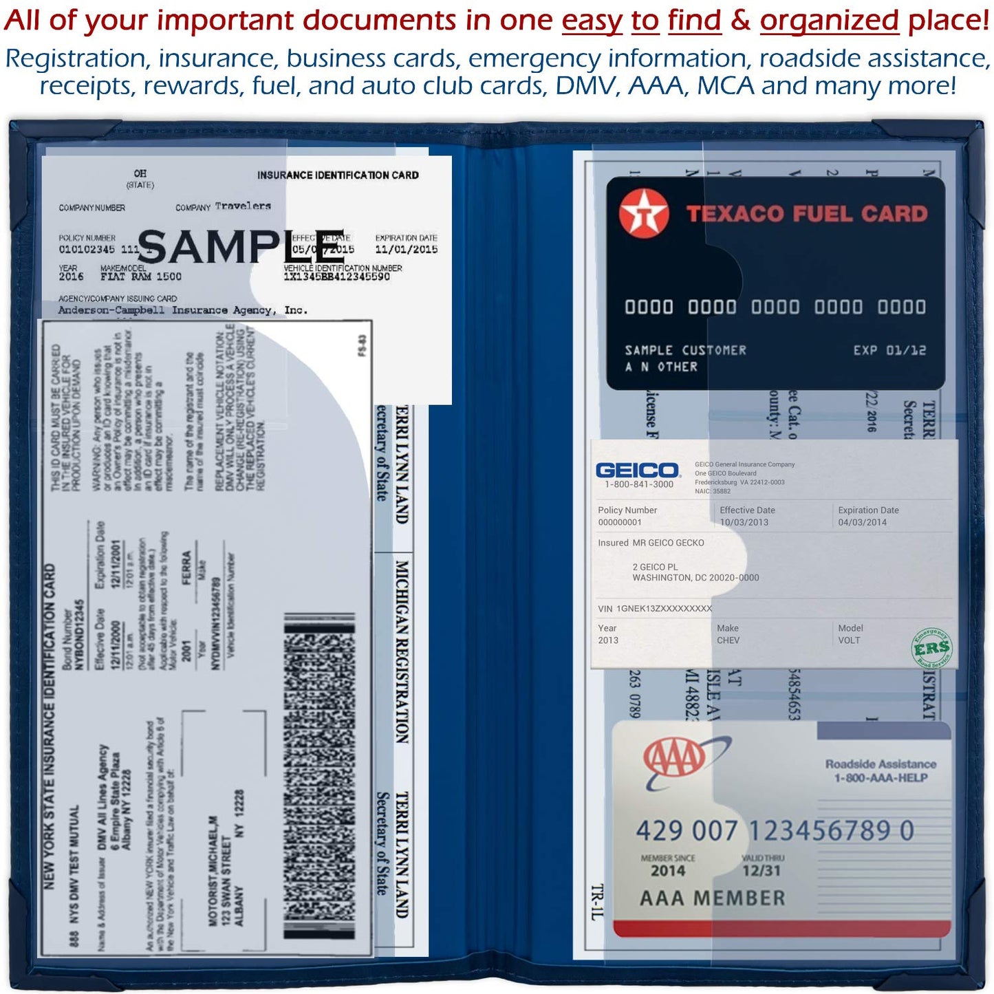 Auto Insurance and Registration Card Holder - Vehicle Glove Box Document Organizer - Car Essential Paperwork Holder for DMV, AAA, Contact Information Cards - Premium PU Leather Wallet Case - Blue