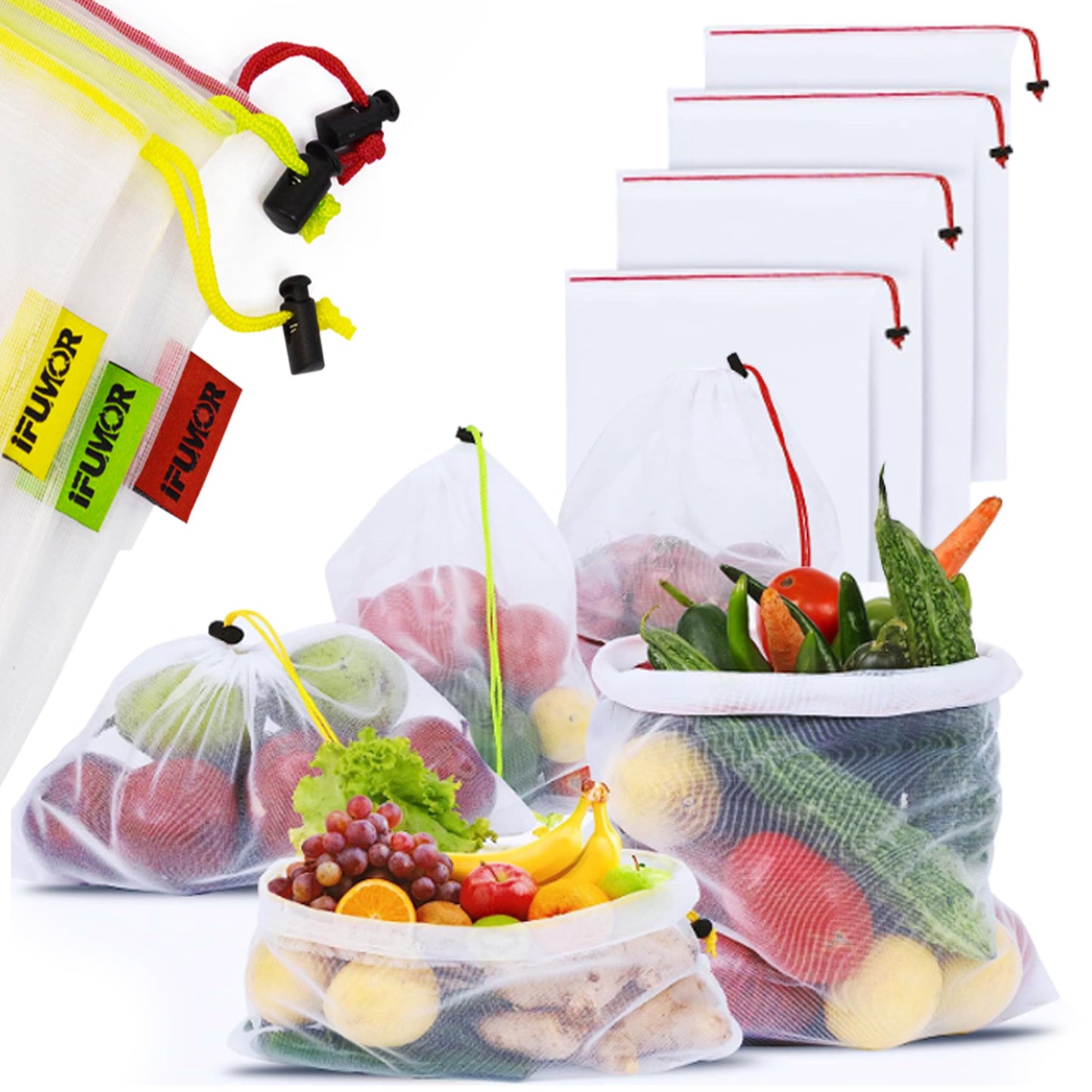 15-Pack Reusable Produce Bags – Heavy Duty Washable Mesh Grocery & Vegetable Bags with Drawstring, Eco-Friendly for Fruits, Food, Toys & Travel Storage