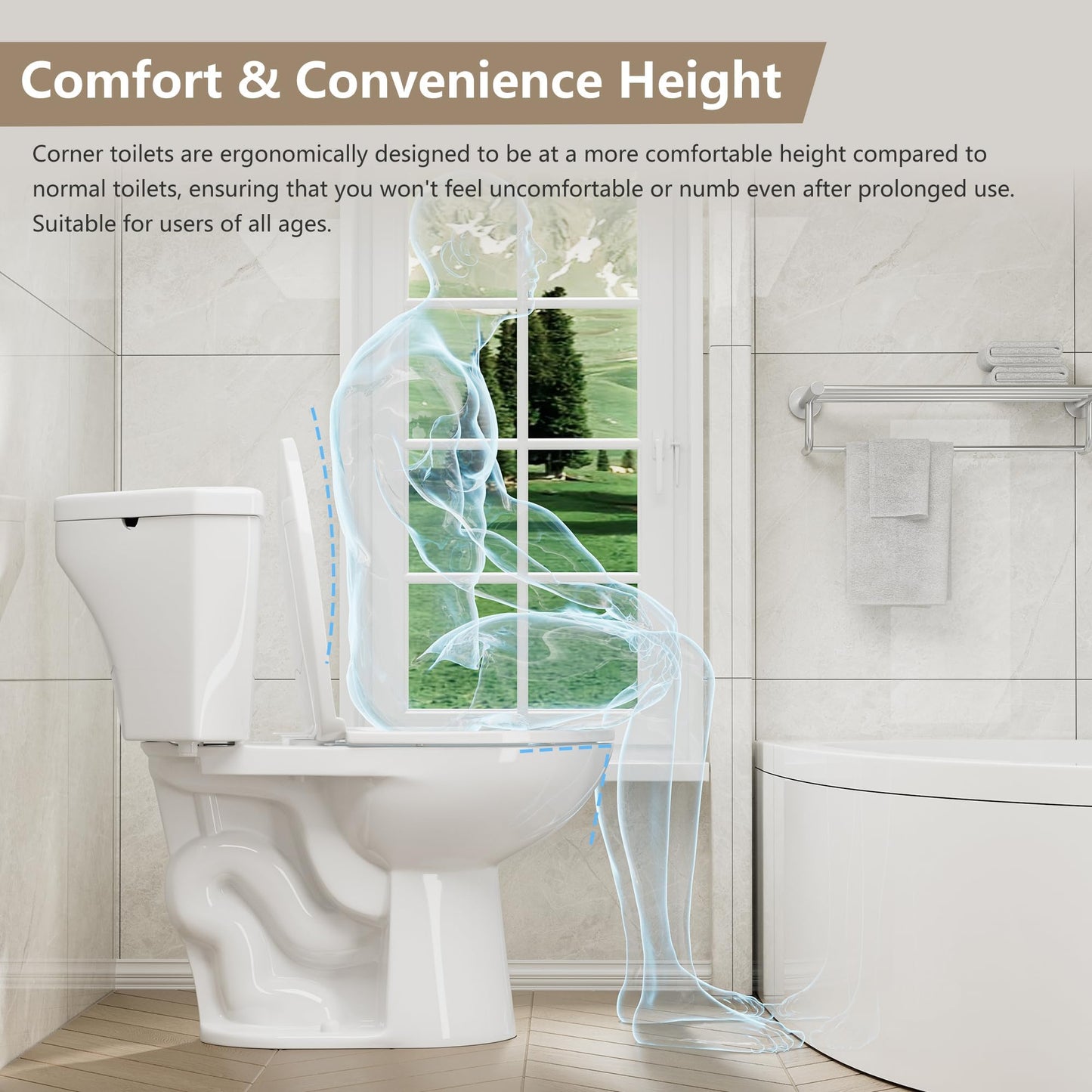 SUPERFLO 17.2" Corner Toilet Elongated, Compact Two-piece Toilets with Comfort Height Toilet Bowl & Slow Close Seat, Small Toilets For Small Bathroom-Dual Flush 0.8/1.28 GPF