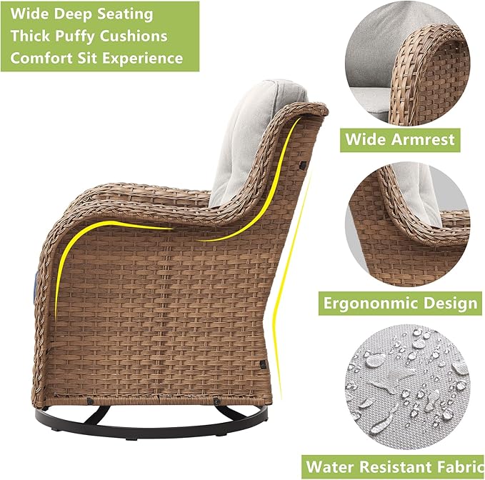 Rilyson Patio Chairs Rocking Swivel Chiar - 2 Piece Outdoor Wicker Furniture Chairs Set Rattan Rocker Chairs with High Back and Deep Seating for Outside Porch Deck Garden(Yellow/Beige)