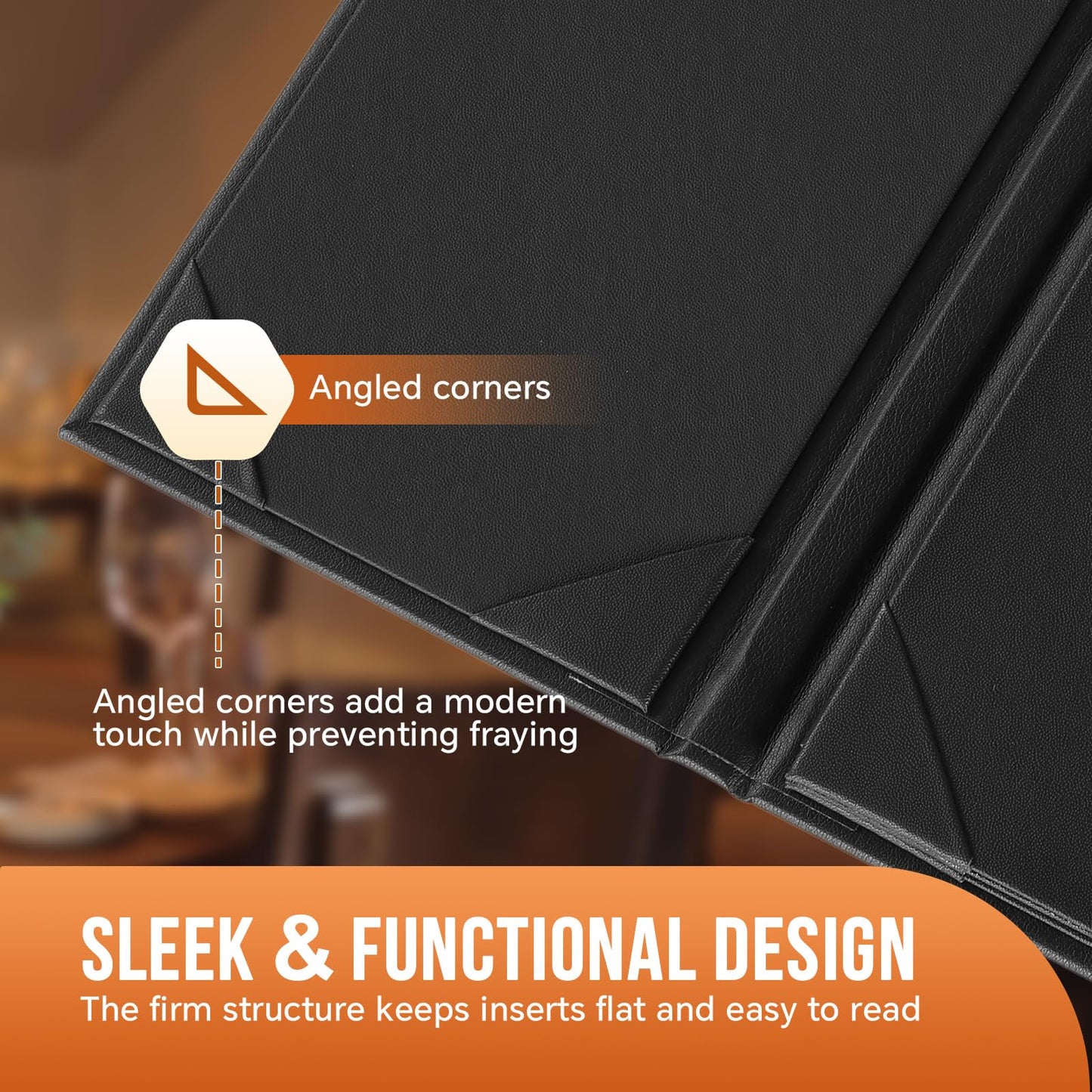 MYFULLY Restaurant Menu Holders 4.25" x 11", 6 Pack Black PU Leather Single Panel Menu Covers with Angled Corners for Restaurant, Bar, Coffee Shop, Wine List (4 View)