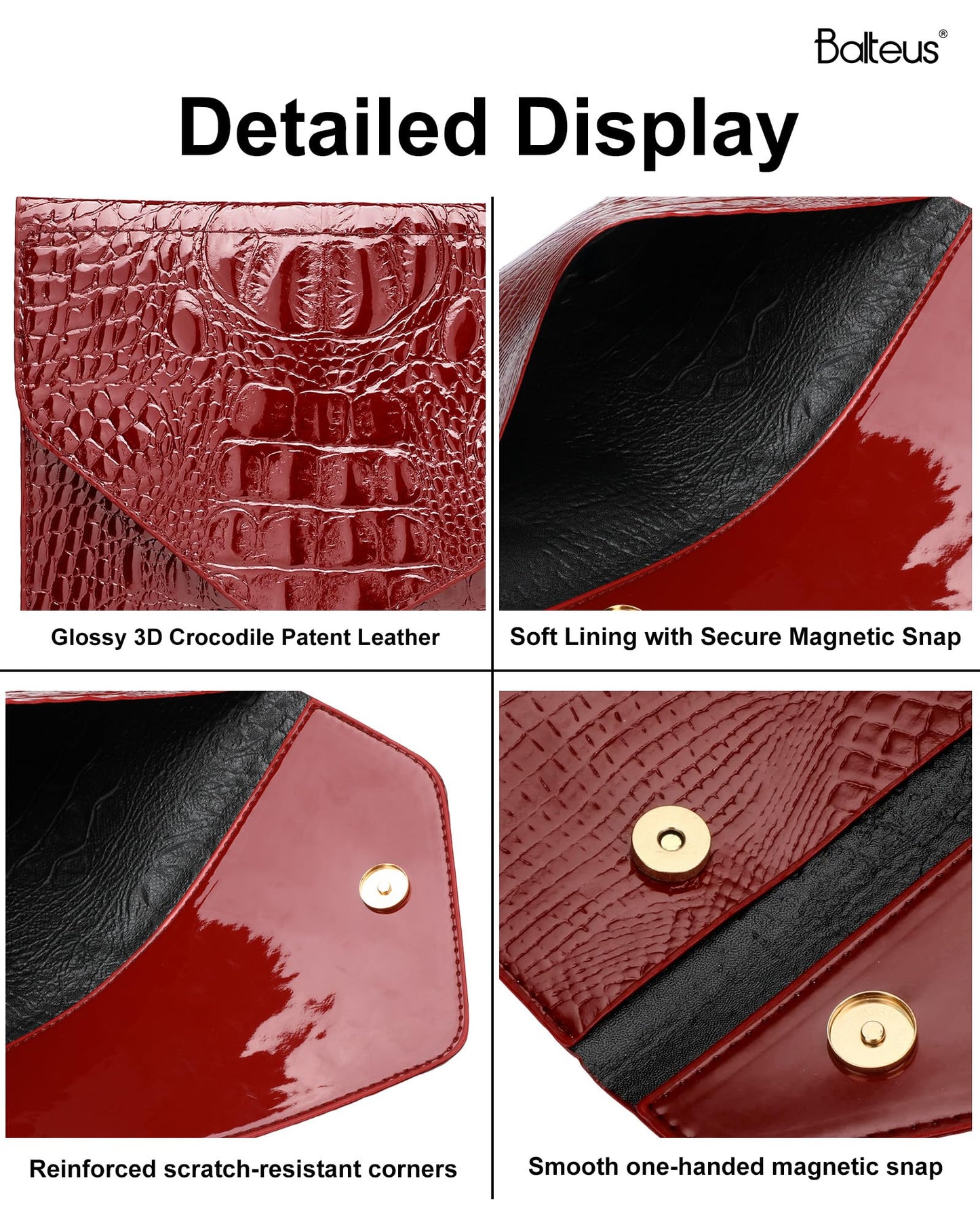 Balteus Burgundy Clutch Evening Bags for Women, Croc-Embossed Metallic Handbags, Trendy Envelope Purse for Prom, Formal Party & Wedding Guest