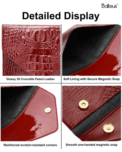 Balteus Burgundy Clutch Evening Bags for Women, Croc-Embossed Metallic Handbags, Trendy Envelope Purse for Prom, Formal Party & Wedding Guest
