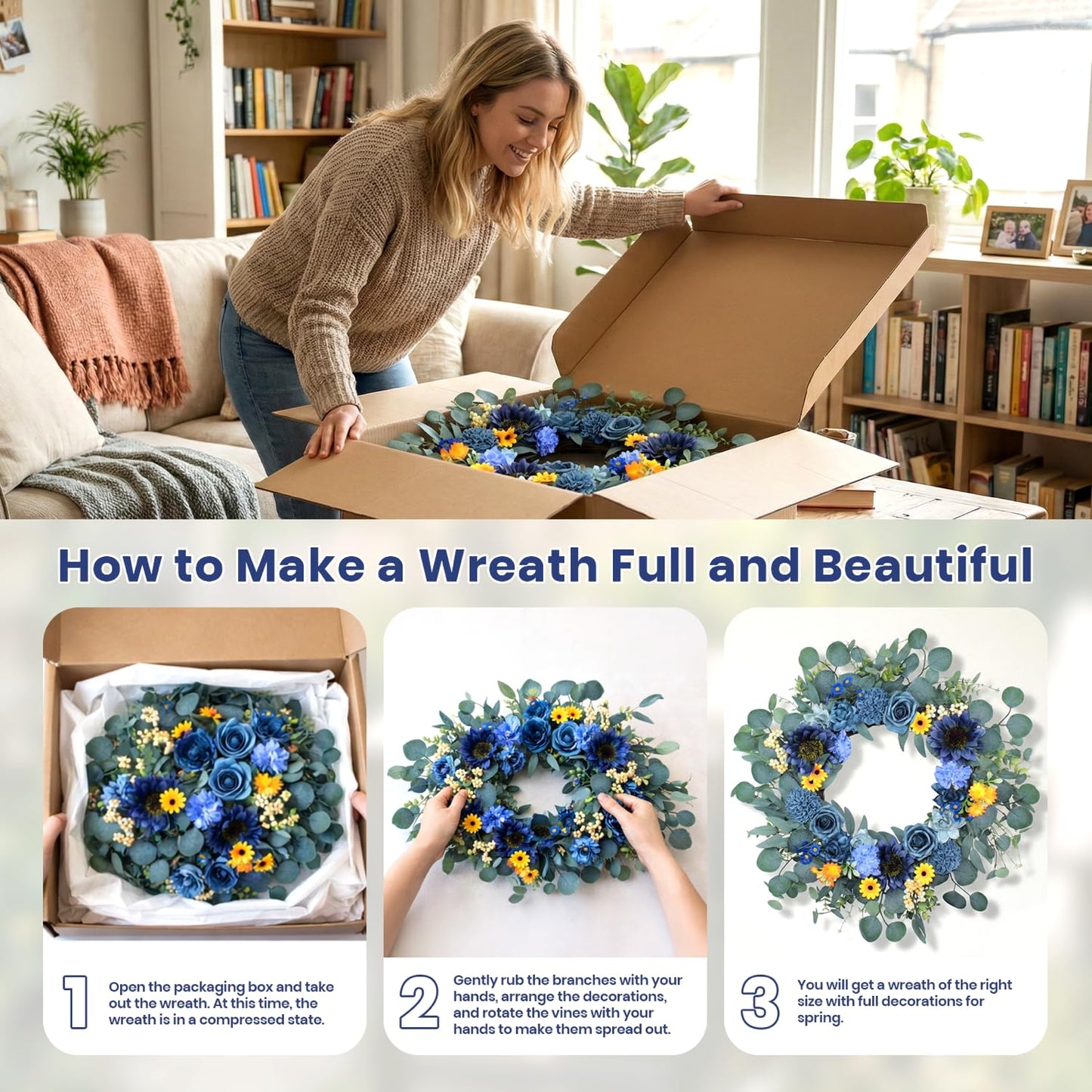 22'' Summer Wreath for Front Door Decor,Sunflowers with Berry Accents