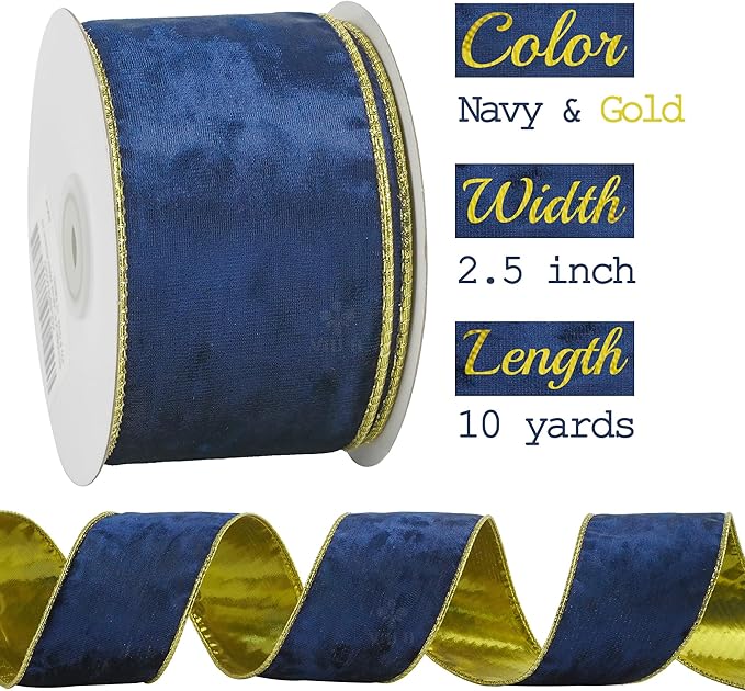 MEEDEE Navy Blue and Gold Velvet Ribbon 2.5 inch Thick Velvet Wired Edge 10 Yards Spool Two Tone Ribbon for Christmas Tree, Gift Wrapping, Wreaths, Bows, Swags, Crafts Supply