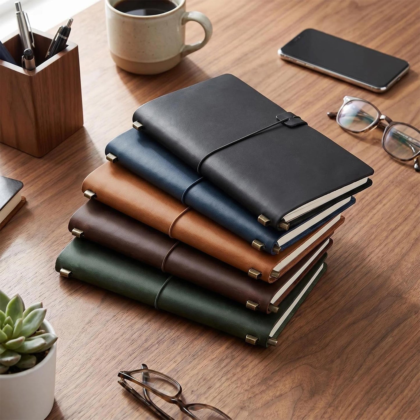 Ox Knight Refillable Leather Travelers Notebook, 8.6 x 4.7 Travel Diary for Men and Women, Genuine Leather Travel Journal with 3 Inserts Regular Travel Notebook for Writing, Sketching & Planning, Standard Size, Green