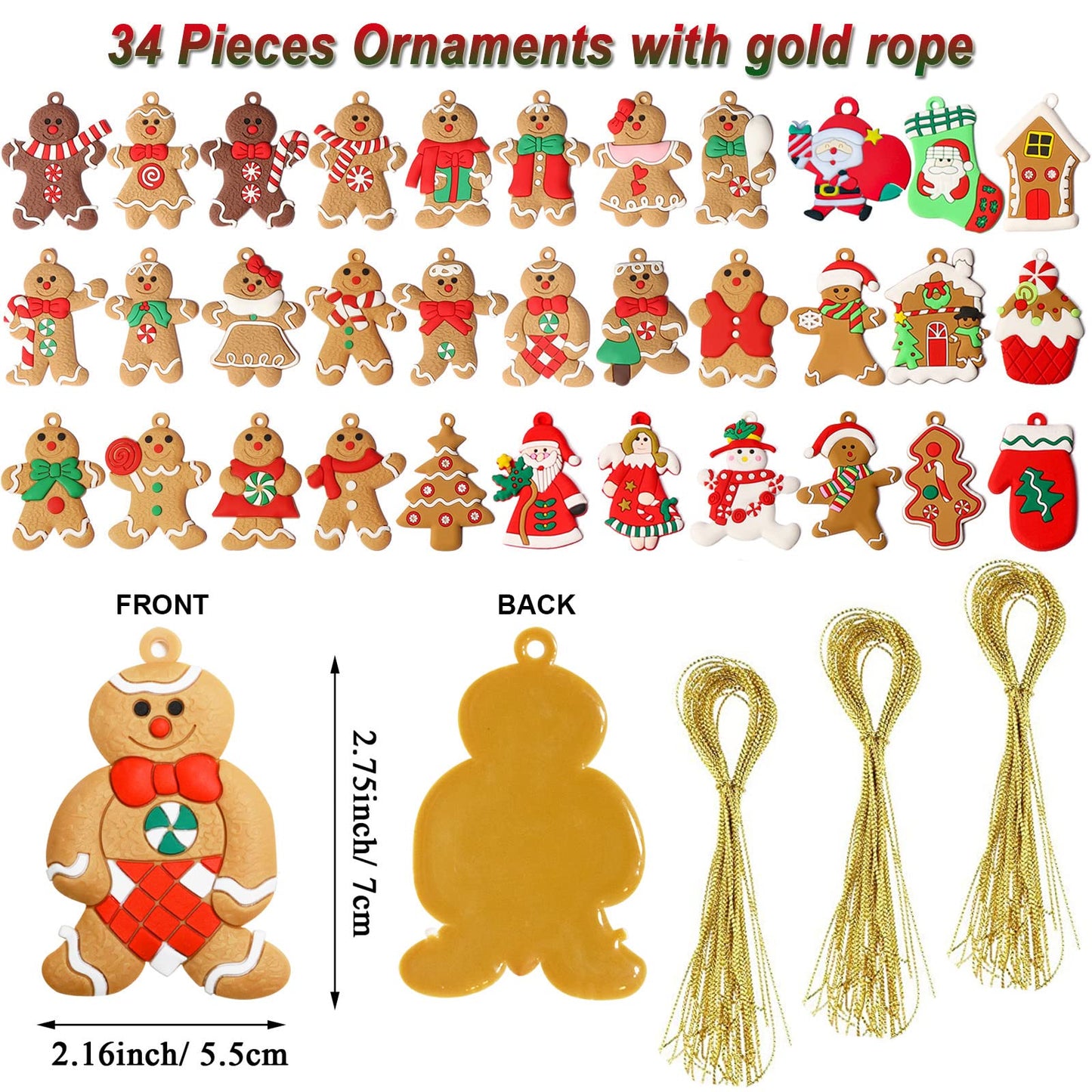 34 Pack Large Christmas Gingerbread Ornaments Set Gingerbread Man Ornaments Ginger Man with Strings Figurine Hanging Ornaments for Christmas Tree Decorations