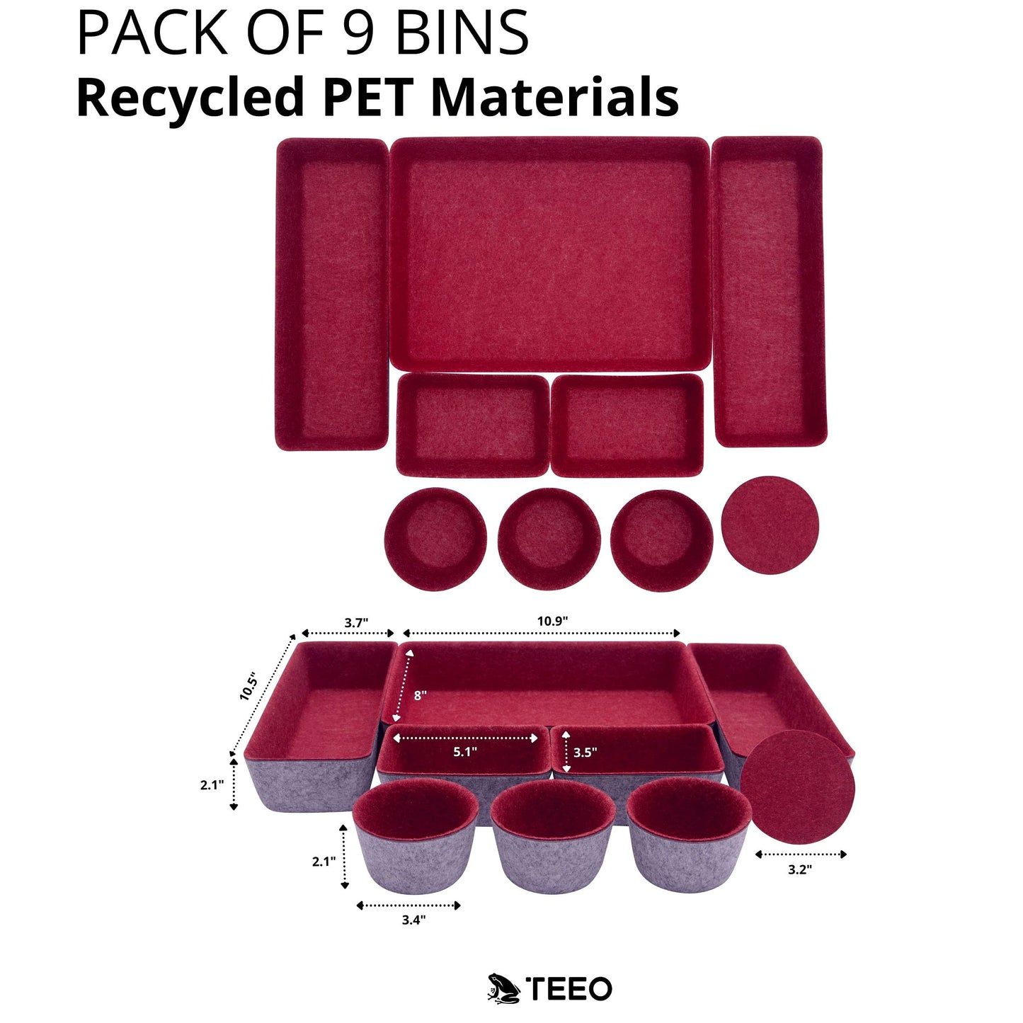 Teeo - Drawer Organizers - Office Supply Organizer - Desktop Drawers - Organizing Containers - Jewelry Tray Makeup Storage Home Dividers Compartment Desk Caddy Cosmetic Bins - Pack of 9, Burgundy