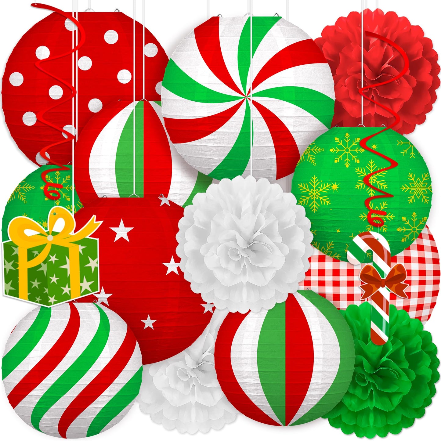 Renbuzhu 15PCS Christmas Decorations Ornaments Set – 9 Red White Green Paper Lanterns, 4 Pom Poms, 2 Hanging Swirls for Indoor, Home, Xmas Party, Porch Decor