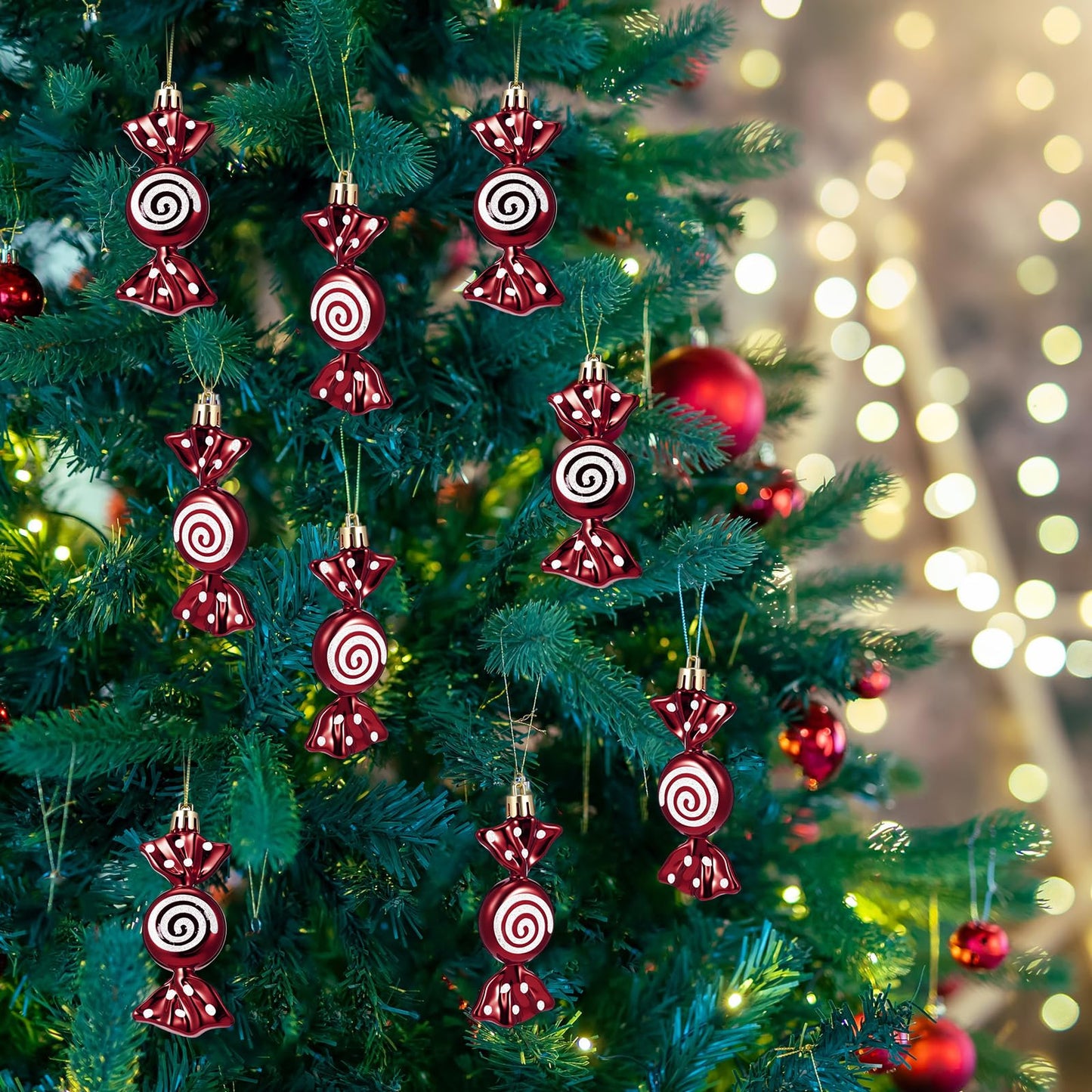 Threan 12 Pcs Christmas Candy Ornaments for Tree Decoration Hanging Glitter Candy Cane Christmas Peppermint Ornament with Golden Rope for Xmas Holiday Decoration(Burgundy,Plastic)