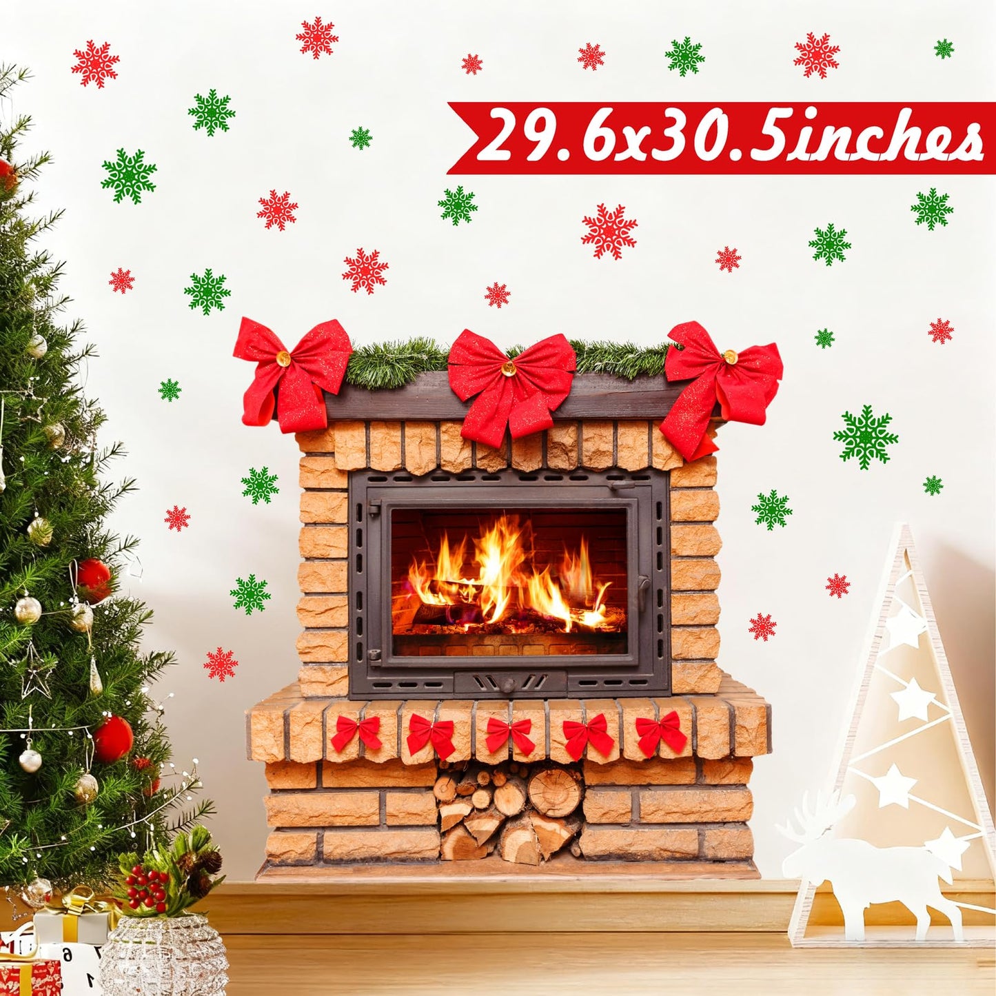 Large Christmas Wall Stickers Christmas Wall Decoration Vinyl Decals Realistic Bow Fireplace Decal for Walls Peel and Stick Indoor Snowflakes Xmas Art Murals for Living Room Holiday Party Supplies