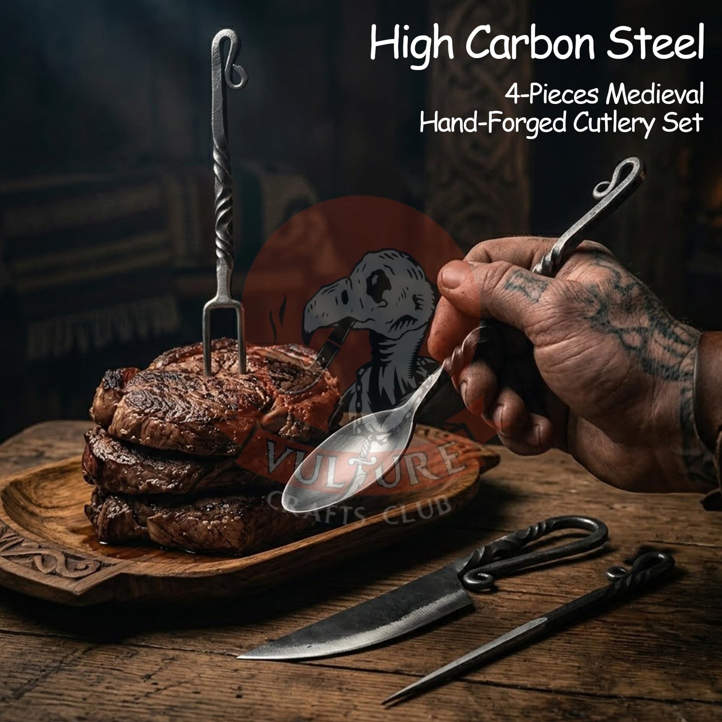 Medieval Silverware Set with Leather Cover - Hand Forged Medieval Cutlery Set - Viking Camping Utensils, Medieval Decor,Gifts - 4 Pcs Viking Utensils Set Fork Spoon and Knife Set (Half Black) (Silver Black)