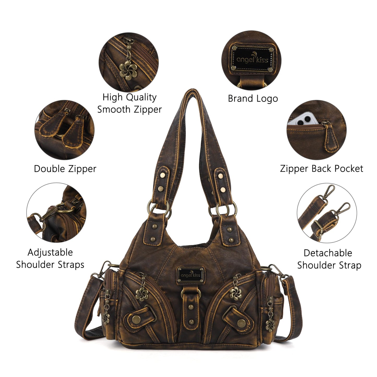 Angel Kiss Purses for Women Small Hobo Shoulder Bags Vagen Leather Multi-Pocket Tote Bag with Zipper (Retro Brown)