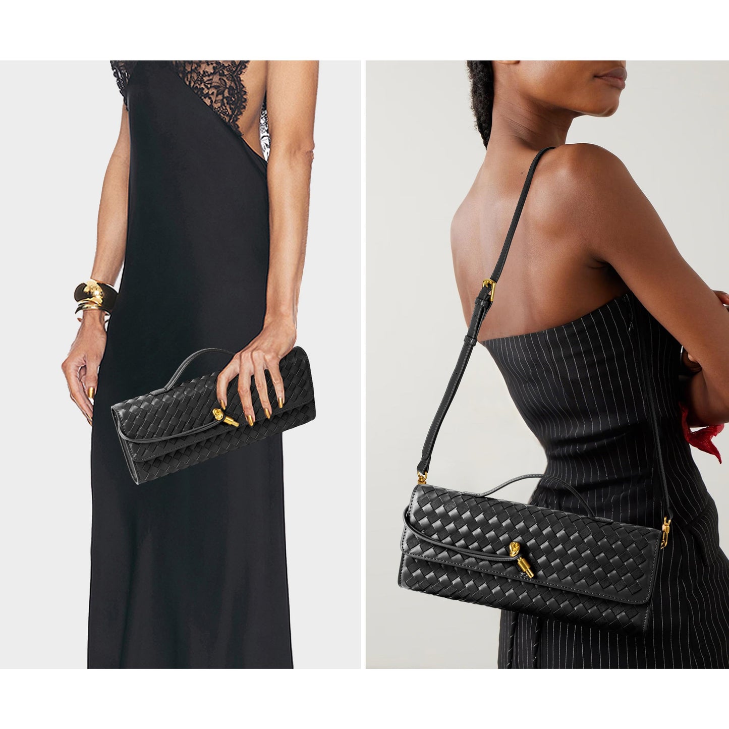 Joryin Woven Purse For Women Evening Clutch Woven Leather Handbags Crossbody Bag Suede Purse Black Formal Evening bag