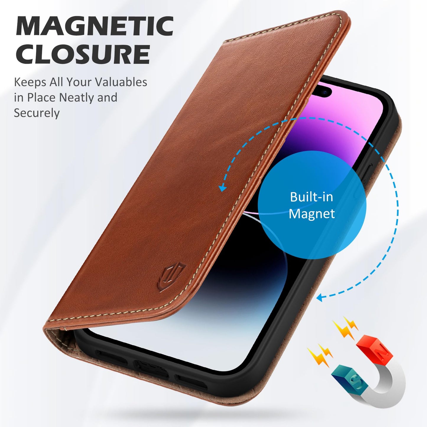 SHIELDON Case for iPhone 14 Pro 5G 2022, Genuine Leather Wallet Case with Kickstand RFID Blocking Card Holder Magnetic Shock Absorbing Cover Compatible with iPhone 14 Pro 6.1" - Retro Brown