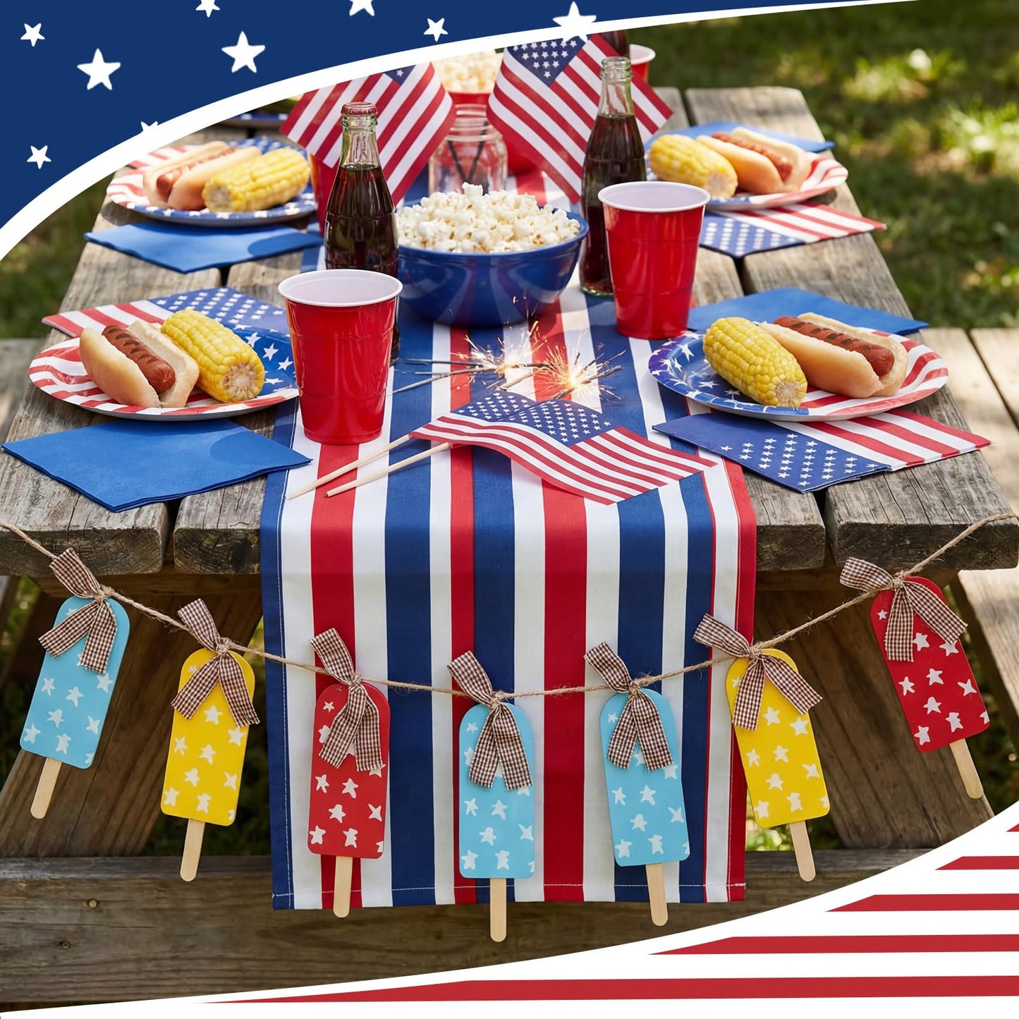 HunnmingRe Summer Patriotic Garland 10 ft 4th of July Red Blue White Yellow Banner American Summer Ice Cream Hanging Decoration for 250th Anniversary Independence Day Home Mantel Wall Party Supplies