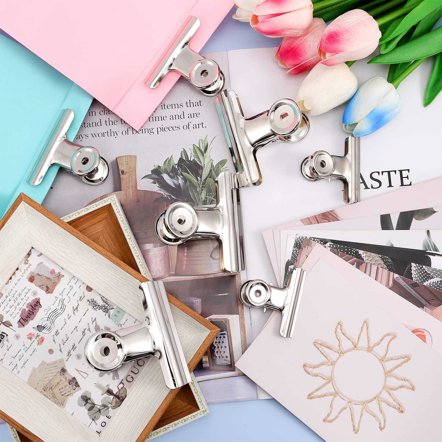 24 Pack Large Metal Hinge Clips,3 Sizes Bulldog Clips,Large Bull Clips,Stainless Steel Chip Clips Bag Clips Food Clips,Binder Paper Clip Clamp for Food Bag,Pictures,Photos,Home Kitchen Office Supplies
