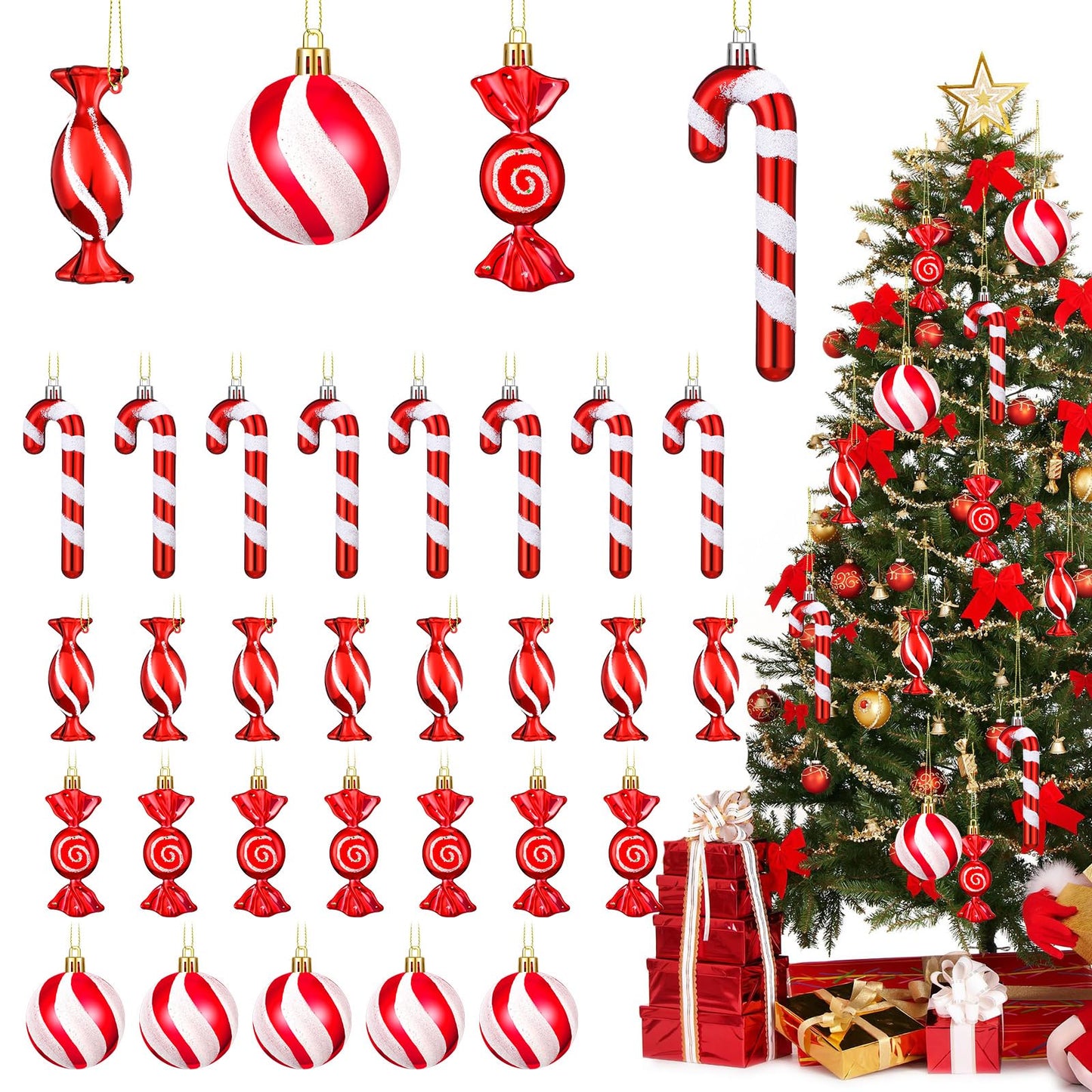 Aoriher 24 Pcs Christmas Candy Cane Ornament Red and White Plastic Peppermint Candy Cane Christmas Decorations Xmas Hanging Lollipop Pattern Decorations with Rope for Xmas Party Holiday Festival Decor