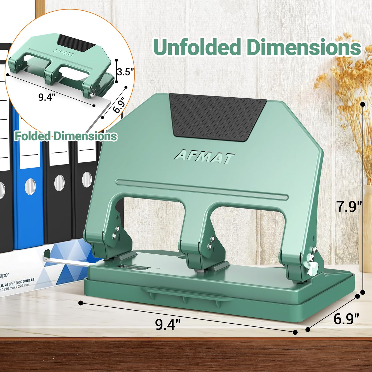 AFMAT 3 Hole Punch, 9/32" Holes, 40-Sheet 3 Hole Puncher for Binder, 50% Reduced Effort, Metal Heavy Duty Three Hole Punch w/ 10,000+ Uses, Bulit-in S.S. Paper Guide, Large Chip Tray, Green, HPX3
