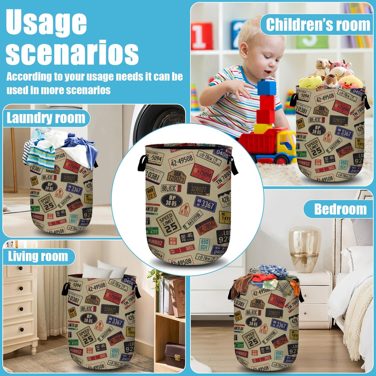 Colourful Car Number Plates Laundry Basket, Laundry Hamper Collapsible Oxford Cloth with Handle Clothes Storage Bin for Bathroom Laundry Room Bedroom 15.7 X 20 Inch