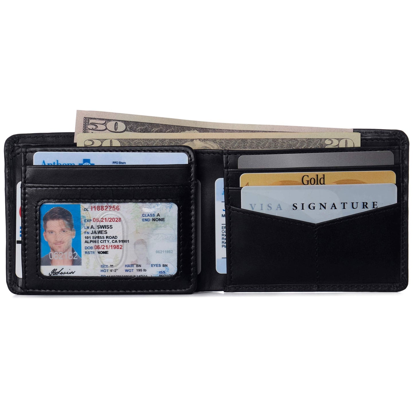 Alpine Swiss Mens Wallet for Men | RFID Protected Leather Mens Wallet | Spencer Bifold with Divided Bill Section | Gift Box | 2 ID Windows | 14 Card Storage Pockets for Organization Glossy Nappa Black