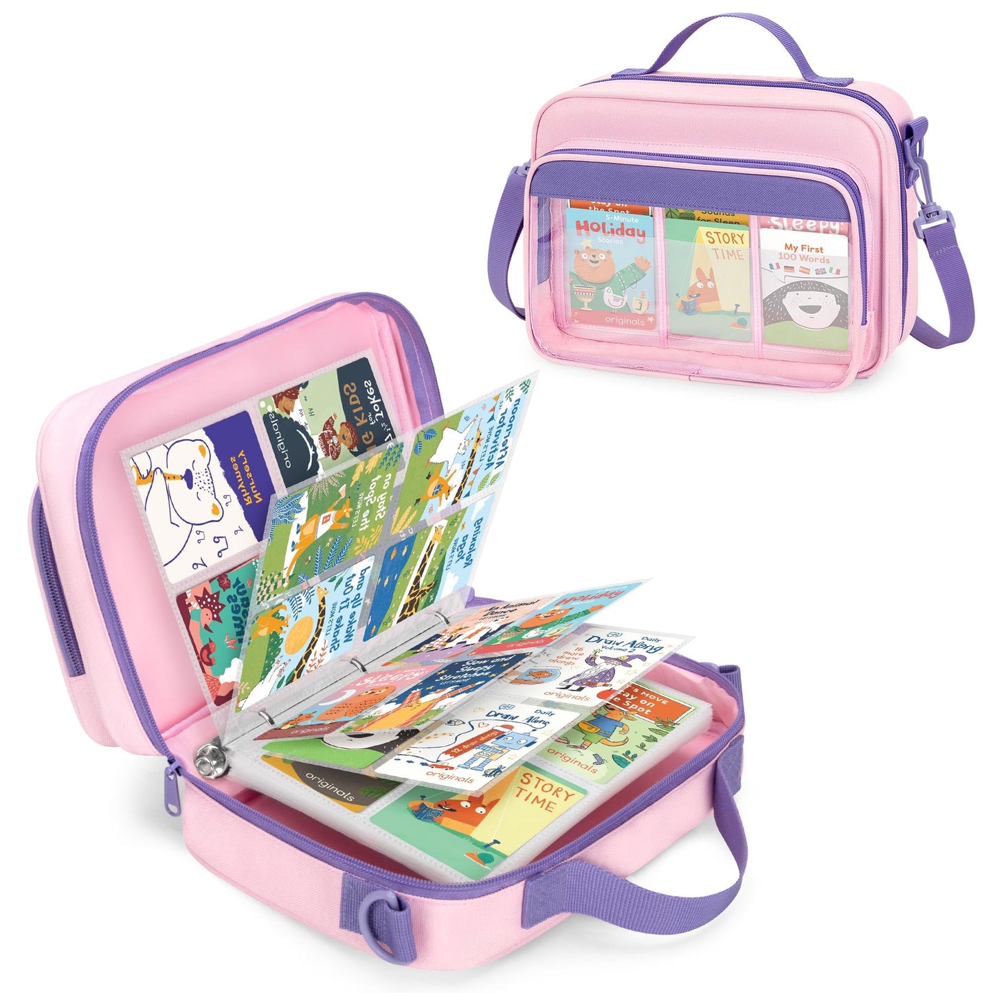 LoDrid Trading Card Binder 4 Pocket Compatible with Yoto Cards with 50 Removable Sleeves Holds up to 409 Cards, Card Case with Handle and Shoulder Strap for Travel, Pink, Bag Only, Patent Design