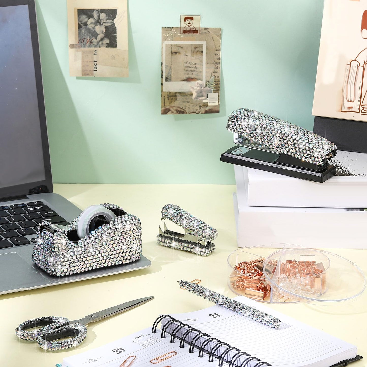 Teling 10 Pcs Bling Office Accessories for Desk Bling Crystal Office Supplies Set Desk Accessory Kit Glitter Stapler Staple Remover Tape Dispenser Diamond Pen Scissors for Women Home(Silver)