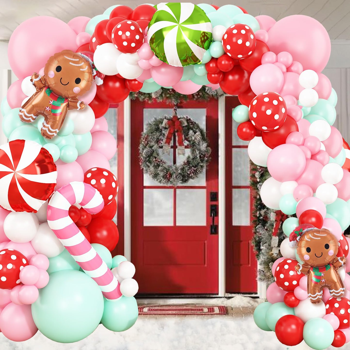 Gingerbread Balloon Garland Kit 139Pcs Pink Red Green White Christmas Balloons Arch with Gingerbread Man Candy Cane Foil Balloon New Year Xmas Cookie Exchange Gingerbread House Party Decorations