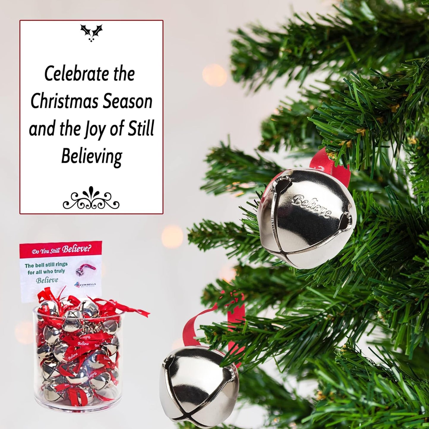Bevin Bells Believe Sleigh Bells Ornament (3-Pack) | 1.5" Made of Steel | Hanging Bells with a Red Satin Believe Ribbon & Red Velvet Bag | Great Tone | Xmas Gift or Stocking Stuffer | Made in USA