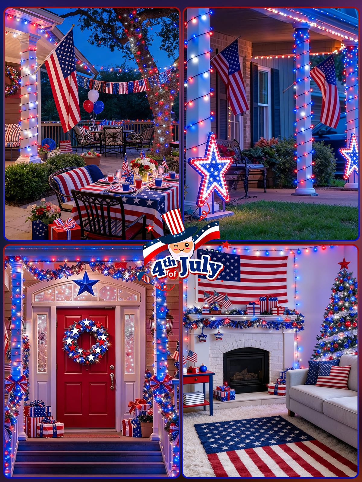 2 Pack 200 LED Red White and Blue Solar String Lights Outdoor Waterproof, Solar Powered LED Patriotic Lights, Solar Tree Lights for Independence Day 4th of July Memorial Day 250th Anniversary Decor